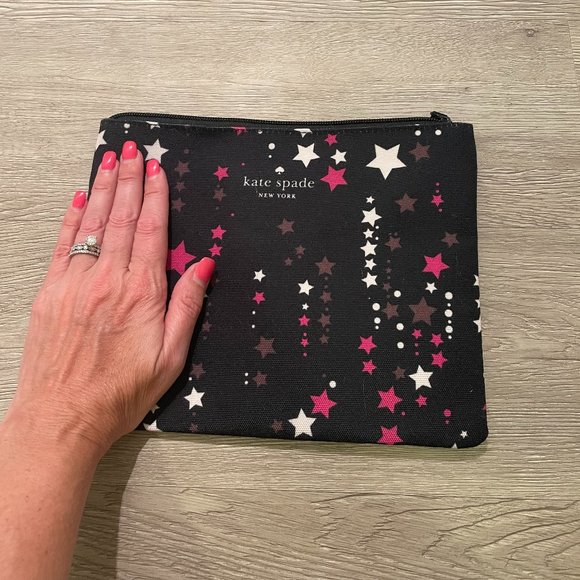 Kate Spade Large Canvas Cosmetic Zip Twinkle Star Pouch in Black Pink Multi - Picture 5 of 6